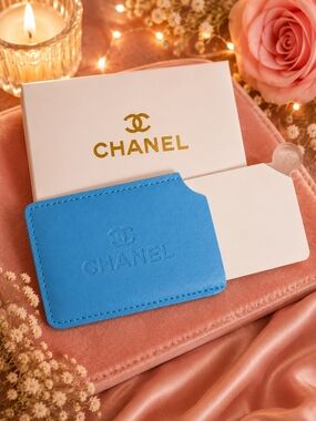 CHANEL Blue Embossed Leather Card Holder And Mirror